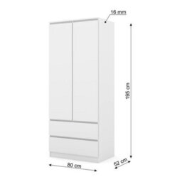 Arte Maja 80Cm Hinged Door Wardrobe - White, Slim Two-Door Wardrobe With Drawers And Hanging Space - thumbnail 5