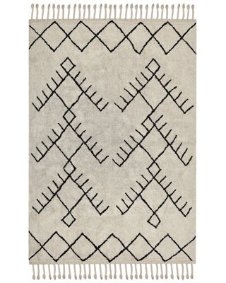Beliani Cotton Area Rug 160 X 230 Cm - Beige With Black Geometric Pattern And Tassels - image 1