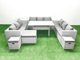 Fimous Rattan Garden Outdoor Furniture Set 12 Seater Garden Sofa Rectangulr Dining Table Set 3 Stools Side Table Light Grey