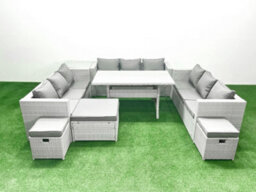 Fimous Rattan Garden Outdoor Furniture Set 12 Seater Garden Sofa Rectangulr Dining Table Set 3 Stools Side Table Light Grey - thumbnail 2