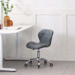 Grey Cushioned Computer Desk Office Chair Chrome Legs Swivel Adjustable Vanity Stool - thumbnail 3