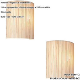 Loops 2 Pack Indoor Natural Seagrass Wall Light - Matt Black Shade - Dimmable 10W Led E27 - thumbnail 2