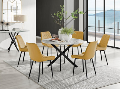 Furniturebox Uk Novara White Marble Black Leg 120Cm Round Dining Table & 6 Mustard Pesaro Black Leg Chairs - image 1
