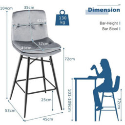 Set Of 2 Bar Stools Velvet Counter Height Chair Upholstered High Dining Chairs - thumbnail 2