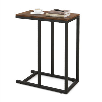 C Shaped Side Table With Non Slip Feet Rustic Brown Modern Bedside Table - image 1