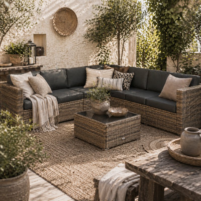 Wyld Haus Lofa 6-Seater Modular Rattan Outdoor Corner Sofa Set With Cushions And Glass Coffee Table - image 1