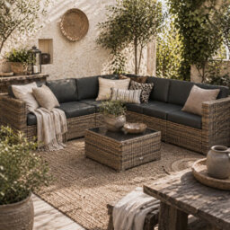 Wyld Haus Lofa 6-Seater Modular Rattan Outdoor Corner Sofa Set With Cushions And Glass Coffee Table - thumbnail 1