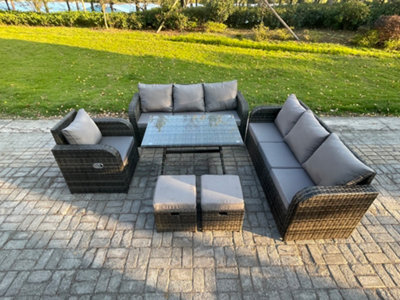 Fimous Outdoor Lounge Sofa Set Wicker Pe Rattan Garden Furniture Set With Dining Table Reclining Chair 2 Small Footstools - image 1