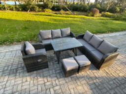Fimous Outdoor Lounge Sofa Set Wicker Pe Rattan Garden Furniture Set With Dining Table Reclining Chair 2 Small Footstools - thumbnail 2