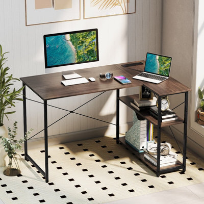 Costway L-Shaped Desk With Power Outlet Home Office Computer Desk With Reversible Shelves-Grey - image 1
