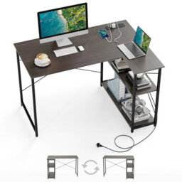 Costway L-Shaped Desk With Power Outlet Home Office Computer Desk With Reversible Shelves-Grey - thumbnail 2