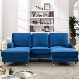 Woodbury 218Cm Wide U-Shaped Blue Velvet Fabric Corner Sofa Walnut Colour Legs With Brass Coloured Wheel