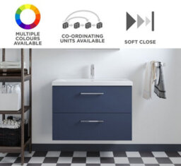 Level Wall Hung 2 Drawer Vanity Unit With Mid-Edge Ceramic Basin, 800mm - Matt Electric Blue - Balterley - thumbnail 6