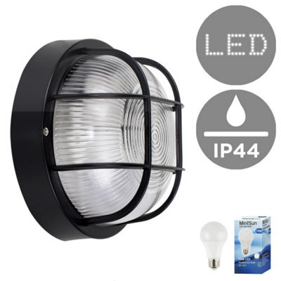 Valuelights Pendle Modern Ip44 Rated Black Outdoor Garden Security Round Bulkhead Wall Light With Led Bulb