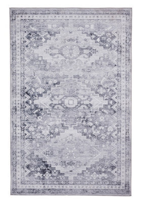 Grey Traditional Rug, 2mm Thick Bordered Geometric Rug, Grey Persian Rug For Bedroom, & Dining Room-150Cm X 230Cm