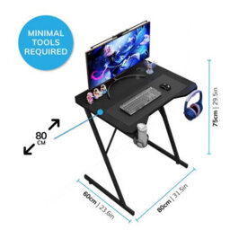 House Of Home Gaming Desk Carbon Fibre Finish Black 80Cm Cup Holder, Headphone Hook - thumbnail 2