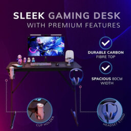 House Of Home Gaming Desk Carbon Fibre Finish Black 80Cm Cup Holder, Headphone Hook - thumbnail 3
