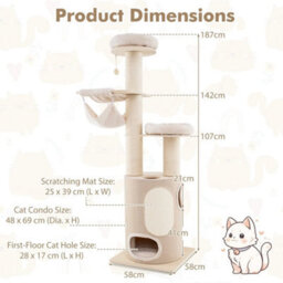 187 Cm Tall Wooden Cat Tower Tree W/ 2-Story Cat Condo & Hammocks - thumbnail 2