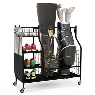 Costway Garage Golf Bag Storage Rack Double Golf Bag Organizer Holder W/ Lockable Wheels - image 1
