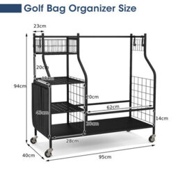 Costway Garage Golf Bag Storage Rack Double Golf Bag Organizer Holder W/ Lockable Wheels - thumbnail 2