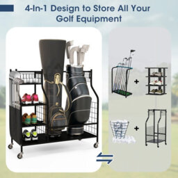 Costway Garage Golf Bag Storage Rack Double Golf Bag Organizer Holder W/ Lockable Wheels - thumbnail 4