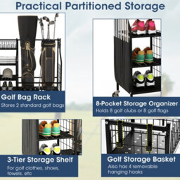 Costway Garage Golf Bag Storage Rack Double Golf Bag Organizer Holder W/ Lockable Wheels - thumbnail 5