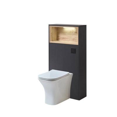 Homestylestore 600mm Black Grey Wc Unit Led Lit Shelf Toilet Pan With Black Flush Button - image 1
