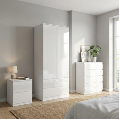 Soho 2 Door Wardrobe, 4 Drawer Chest & Bedside Table Bedroom Set White High Gloss