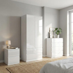 Soho 2 Door Wardrobe, 4 Drawer Chest & Bedside Table Bedroom Set White High Gloss - thumbnail 1