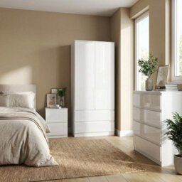 Soho 2 Door Wardrobe, 4 Drawer Chest & Bedside Table Bedroom Set White High Gloss - thumbnail 2