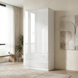 Soho 2 Door Wardrobe, 4 Drawer Chest & Bedside Table Bedroom Set White High Gloss - thumbnail 3