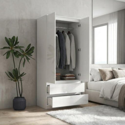 Soho 2 Door Wardrobe, 4 Drawer Chest & Bedside Table Bedroom Set White High Gloss - thumbnail 4