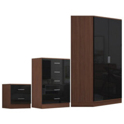 Reflect 2 Door Corner Wardrobe, 5 Drawer Chest, 2 Drawer Bedside - Black Gloss & Walnut - Bedroom Furniture Set - thumbnail 5