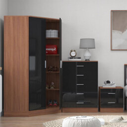 Reflect 2 Door Corner Wardrobe, 5 Drawer Chest, 2 Drawer Bedside - Black Gloss & Walnut - Bedroom Furniture Set - thumbnail 4