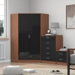 Reflect 2 Door Corner Wardrobe, 5 Drawer Chest, 2 Drawer Bedside - Black Gloss & Walnut - Bedroom Furniture Set - thumbnail 1