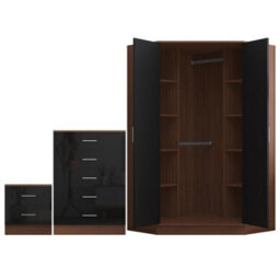 Reflect 2 Door Corner Wardrobe, 5 Drawer Chest, 2 Drawer Bedside - Black Gloss & Walnut - Bedroom Furniture Set - thumbnail 7