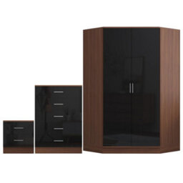 Reflect 2 Door Corner Wardrobe, 5 Drawer Chest, 2 Drawer Bedside - Black Gloss & Walnut - Bedroom Furniture Set - thumbnail 6