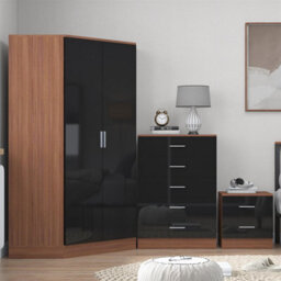Reflect 2 Door Corner Wardrobe, 5 Drawer Chest, 2 Drawer Bedside - Black Gloss & Walnut - Bedroom Furniture Set - thumbnail 3