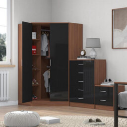 Reflect 2 Door Corner Wardrobe, 5 Drawer Chest, 2 Drawer Bedside - Black Gloss & Walnut - Bedroom Furniture Set - thumbnail 2