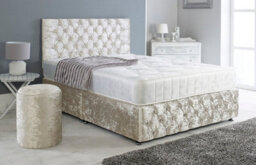 Adore Designs Chesterfield Crushed Velvet Divan Bed, Ortho Mattress, Footboard & Round Stool - 3Ft Single - Cream - 2 Drawers Left Side - thumbnail 1
