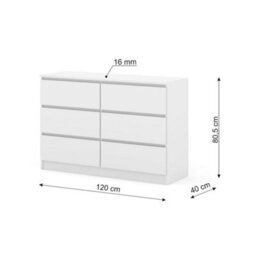 Arte Maja 120Cm Chest Of Drawers - White, Fresh Six-Drawer Storage For Modern Bedrooms - thumbnail 4