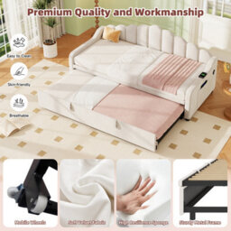 Btm 3Ft Velvet Daybed With Trundle, Charging Station And Storage, Beige - thumbnail 7