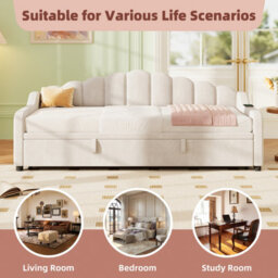 Btm 3Ft Velvet Daybed With Trundle, Charging Station And Storage, Beige - thumbnail 8