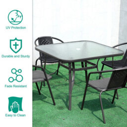 Living And Home Black Square Tempered Glass Tabletop Metal Outdoor Garden Coffee Table With Parasol Hole 105 Cm - thumbnail 3
