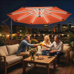 Outsunny 3 M Garden Cantilever Parasol With Solar Light, Rotation, Orange - thumbnail 1