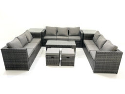Fimous Outdoor Garden Furniture Set 11 Seater Rattan Sofa Set With Coffee Table 2 Small Footstools 2 Side Tables Dark Grey Mixed - thumbnail 2