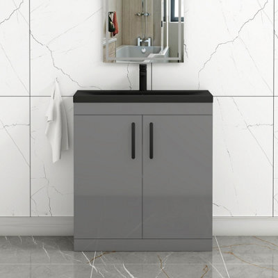 Royal Bathrooms Turin 800mm Floor Standing Vanity Unit 2 Door Indigo Grey Gloss With Black Basin & Handles - image 1
