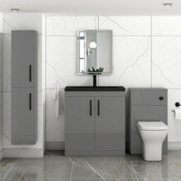 Royal Bathrooms Turin 800mm Floor Standing Vanity Unit 2 Door Indigo Grey Gloss With Black Basin & Handles - thumbnail 5