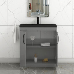 Royal Bathrooms Turin 800mm Floor Standing Vanity Unit 2 Door Indigo Grey Gloss With Black Basin & Handles - thumbnail 6