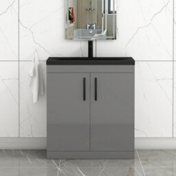 Royal Bathrooms Turin 800mm Floor Standing Vanity Unit 2 Door Indigo Grey Gloss With Black Basin & Handles - thumbnail 1